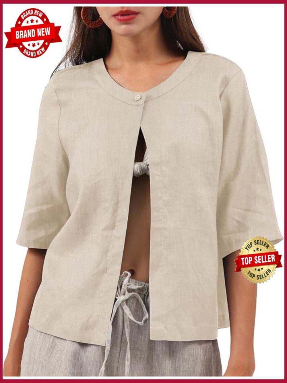 Pure Linen Open Front Cropped Cardigan Elbow Sleeve Jacket